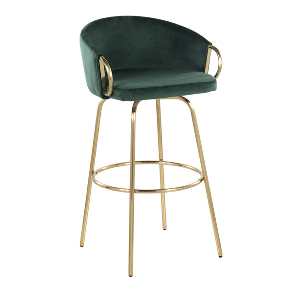English Elm Claire 30" Green Velvet Bar Stool Set of 2 — Glam Gold Metal Legs, 360° Swivel, Round Footrest, Luxe Seating B116S00013
