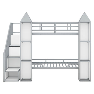 English Elm Metal Castle Twin over Twin Bunk Bed with Staircase Storage, Built-in Wardrobe and Sturdy Frame White+gray GX000630AAE