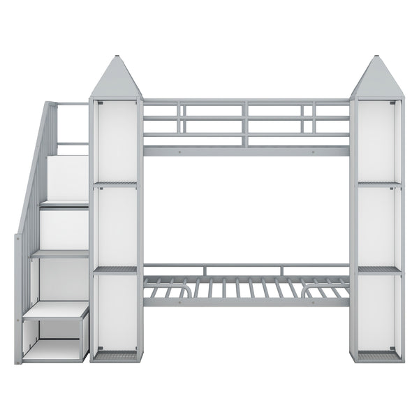 English Elm Metal Castle Twin over Twin Bunk Bed with Staircase Storage, Built-in Wardrobe and Sturdy Frame White+gray GX000630AAE