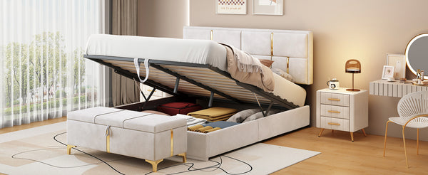 English Elm 2-Pieces Queen Upholstered Platform Bed with Hydraulic Lift and Spacious Storage Ottoman, Elegant Gold Trim Beige 50 L x 16 W x 13 H N733S207778A