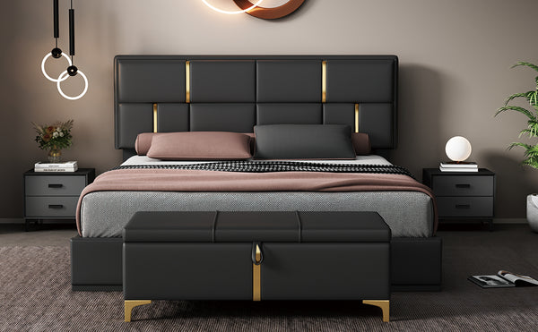 English Elm 2-Pieces Queen Upholstered Platform Bed with Hydraulic Lift and Spacious Storage Ottoman, Elegant Gold Trim Black 50 L x 16 W x 13 H N733S207778B