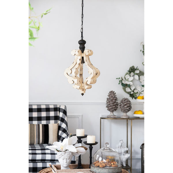 English Elm Farmhouse French Country Wood Iron Chandelier Distressed Antique White Foyer Dining W2078137031