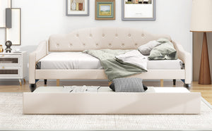 English Elm Full Full Size Upholstered Tufted Daybed with Twin Trundle, Beige Linen, Wingback Design, Durable Frame, Glamorous Accent Piece GX001327AAA