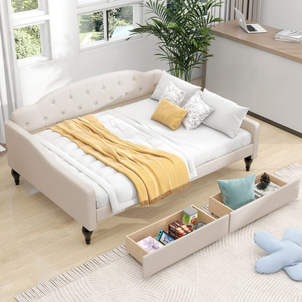 English Elm Full Full Size Upholstered Tufted Daybed with Drawers, Beige Linen, Wingback Glam Design, 400lb Capacity GX001326AAA