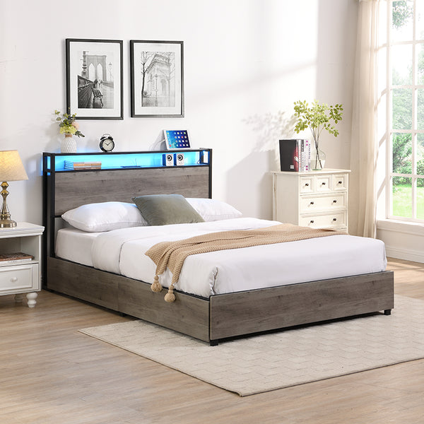 English Elm Full Bed Frame with Storage Headboard, USB Charging, RGB LED App Control, 4 Drawers, Sturdy Noise-Free W2129127798