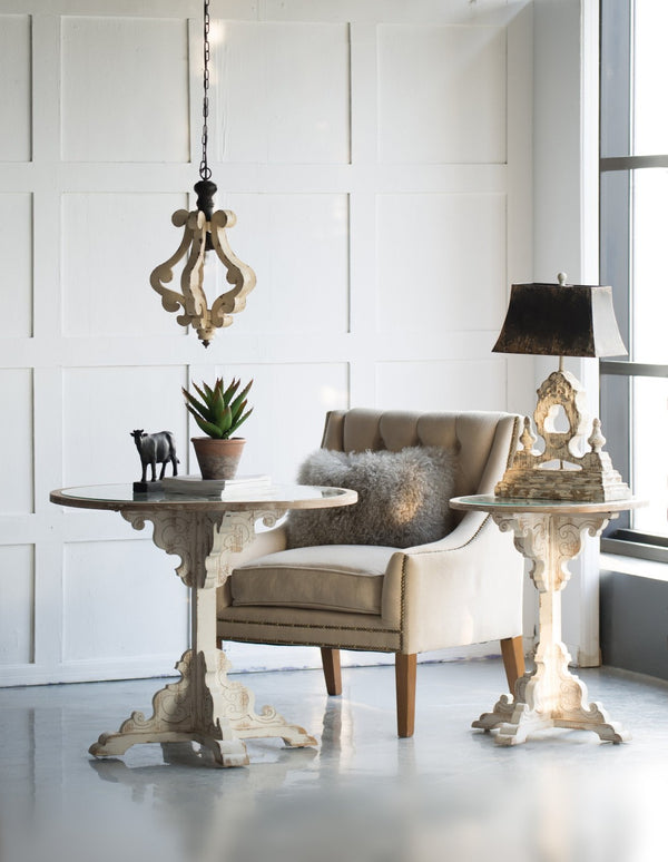 English Elm Farmhouse French Country Wood Iron Chandelier Distressed Antique White Foyer Dining W2078137031