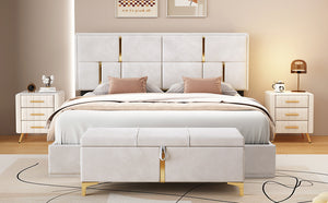 English Elm 2-Pieces Queen Upholstered Platform Bed with Hydraulic Lift and Spacious Storage Ottoman, Elegant Gold Trim Beige 50 L x 16 W x 13 H N733S207778A