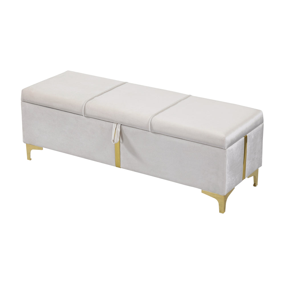 English Elm 2-Pieces Queen Upholstered Platform Bed with Hydraulic Lift and Spacious Storage Ottoman, Elegant Gold Trim Beige 50 L x 16 W x 13 H N733S207778A