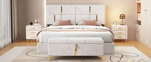 English Elm 2-Pieces Queen Upholstered Platform Bed with Hydraulic Lift and Spacious Storage Ottoman, Elegant Gold Trim Beige 50 L x 16 W x 13 H N733S207778A