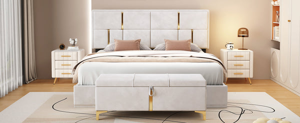 English Elm 2-Pieces Queen Upholstered Platform Bed with Hydraulic Lift and Spacious Storage Ottoman, Elegant Gold Trim Beige 50 L x 16 W x 13 H N733S207778A