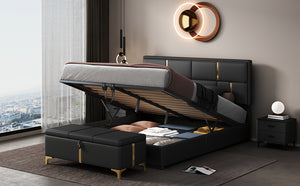 English Elm 2-Pieces Queen Upholstered Platform Bed with Hydraulic Lift and Spacious Storage Ottoman, Elegant Gold Trim Black 50 L x 16 W x 13 H N733S207778B