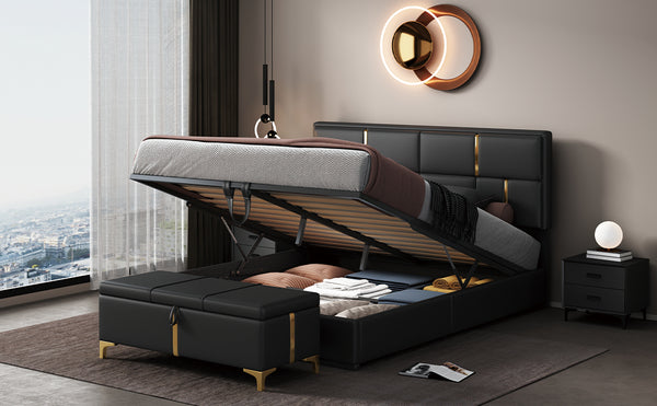 English Elm 2-Pieces Queen Upholstered Platform Bed with Hydraulic Lift and Spacious Storage Ottoman, Elegant Gold Trim Black 50 L x 16 W x 13 H N733S207778B