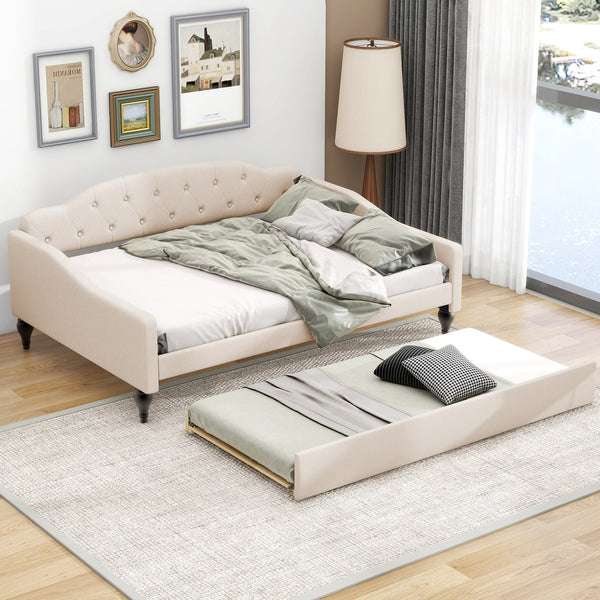 English Elm Full Full Size Upholstered Tufted Daybed with Twin Trundle, Beige Linen, Wingback Design, Durable Frame, Glamorous Accent Piece GX001327AAA