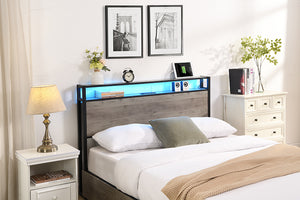 English Elm Queen Bed Frame with Antique Gray Storage Headboard, USB Charging, 4 Drawers, RGB LED Lights W2129127799