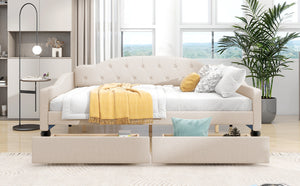 English Elm Full Full Size Upholstered Tufted Daybed with Drawers, Beige Linen, Wingback Glam Design, 400lb Capacity GX001326AAA