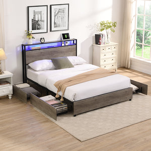 English Elm Queen Bed Frame with Antique Gray Storage Headboard, USB Charging, 4 Drawers, RGB LED Lights W2129127799