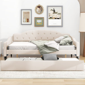 English Elm Full Full Size Upholstered Tufted Daybed with Twin Trundle, Beige Linen, Wingback Design, Durable Frame, Glamorous Accent Piece GX001327AAA