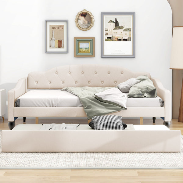 English Elm Full Full Size Upholstered Tufted Daybed with Twin Trundle, Beige Linen, Wingback Design, Durable Frame, Glamorous Accent Piece GX001327AAA
