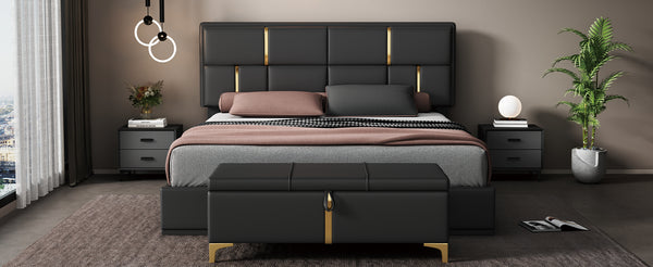 English Elm 2-Pieces Queen Upholstered Platform Bed with Hydraulic Lift and Spacious Storage Ottoman, Elegant Gold Trim Black 50 L x 16 W x 13 H N733S207778B