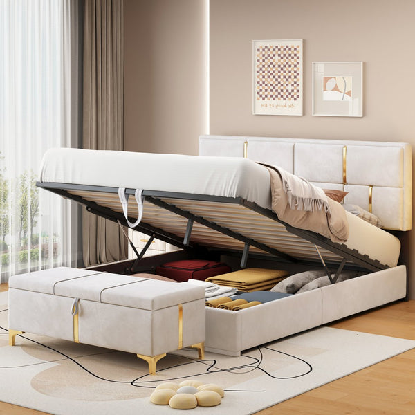 English Elm 2-Pieces Queen Upholstered Platform Bed with Hydraulic Lift and Spacious Storage Ottoman, Elegant Gold Trim Beige 50 L x 16 W x 13 H N733S207778A