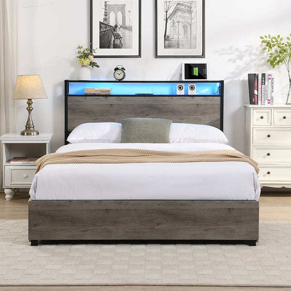 English Elm Full Bed Frame with Storage Headboard, USB Charging, RGB LED App Control, 4 Drawers, Sturdy Noise-Free W2129127798