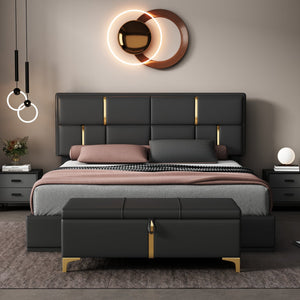 English Elm 2-Pieces Queen Upholstered Platform Bed with Hydraulic Lift and Spacious Storage Ottoman, Elegant Gold Trim Black 50 L x 16 W x 13 H N733S207778B