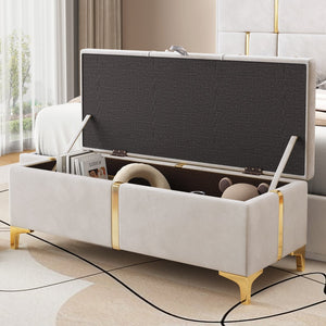 English Elm Elegant Upholstered Storage Ottoman Bench with Metal Legs - Plush Velvet Seat, Hidden Compartment, Modern Entryway Appeal Beige 50 L x 16 W x 13 H N733P207788A