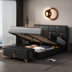 English Elm 2-Pieces Queen Upholstered Platform Bed with Hydraulic Lift and Spacious Storage Ottoman, Elegant Gold Trim Black 50 L x 16 W x 13 H N733S207778B
