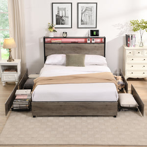 English Elm Queen Bed Frame with Antique Gray Storage Headboard, USB Charging, 4 Drawers, RGB LED Lights W2129127799