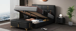 English Elm 2-Pieces Queen Upholstered Platform Bed with Hydraulic Lift and Spacious Storage Ottoman, Elegant Gold Trim Black 50 L x 16 W x 13 H N733S207778B