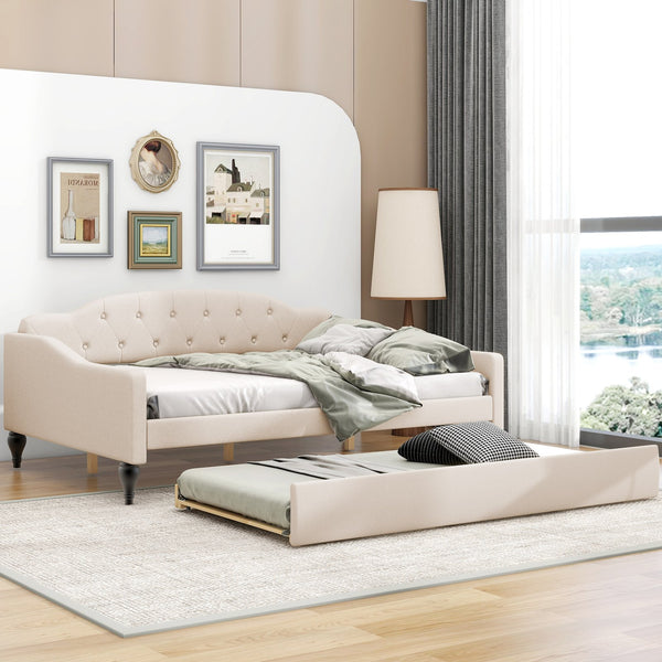 English Elm Full Full Size Upholstered Tufted Daybed with Twin Trundle, Beige Linen, Wingback Design, Durable Frame, Glamorous Accent Piece GX001327AAA