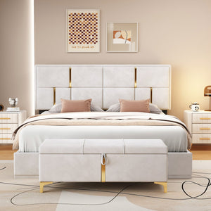 English Elm 2-Pieces Queen Upholstered Platform Bed with Hydraulic Lift and Spacious Storage Ottoman, Elegant Gold Trim Beige 50 L x 16 W x 13 H N733S207778A