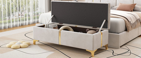 English Elm Elegant Upholstered Storage Ottoman Bench with Metal Legs - Plush Velvet Seat, Hidden Compartment, Modern Entryway Appeal Beige 50 L x 16 W x 13 H N733P207788A