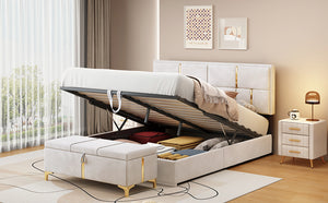English Elm 2-Pieces Queen Upholstered Platform Bed with Hydraulic Lift and Spacious Storage Ottoman, Elegant Gold Trim Beige 50 L x 16 W x 13 H N733S207778A