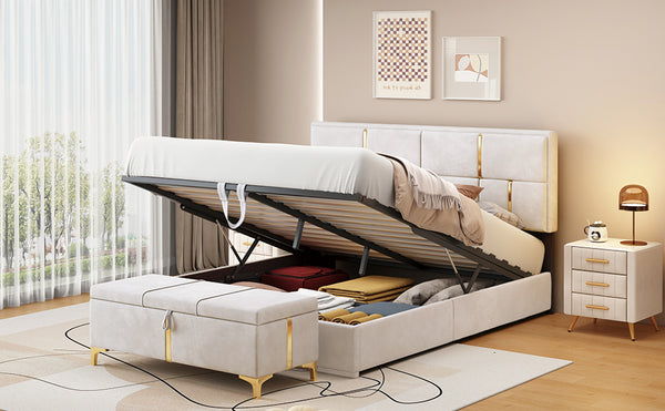 English Elm 2-Pieces Queen Upholstered Platform Bed with Hydraulic Lift and Spacious Storage Ottoman, Elegant Gold Trim Beige 50 L x 16 W x 13 H N733S207778A