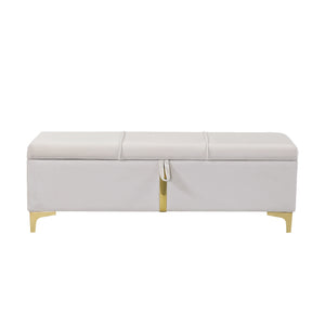 English Elm 2-Pieces Queen Upholstered Platform Bed with Hydraulic Lift and Spacious Storage Ottoman, Elegant Gold Trim Beige 50 L x 16 W x 13 H N733S207778A
