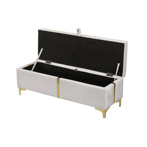 English Elm 2-Pieces Queen Upholstered Platform Bed with Hydraulic Lift and Spacious Storage Ottoman, Elegant Gold Trim Beige 50 L x 16 W x 13 H N733S207778A