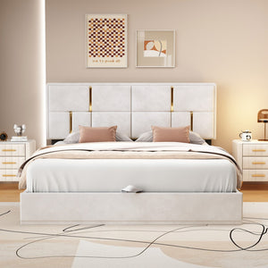 English Elm Queen Size Upholstered Platform Bed With Hydraulic Storage System,No Box Spring Needed,Beige