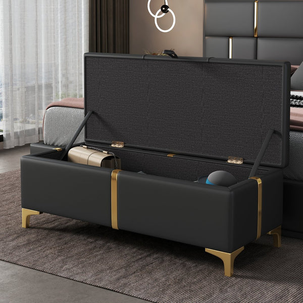 English Elm Elegant Upholstered Storage Ottoman Bench with Metal Legs - Plush Velvet Seat, Hidden Compartment, Modern Entryway Appeal Black 50 L x 16 W x 13 H N733P207788B
