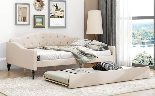 English Elm Full Full Size Upholstered Tufted Daybed with Twin Trundle, Beige Linen, Wingback Design, Durable Frame, Glamorous Accent Piece GX001327AAA