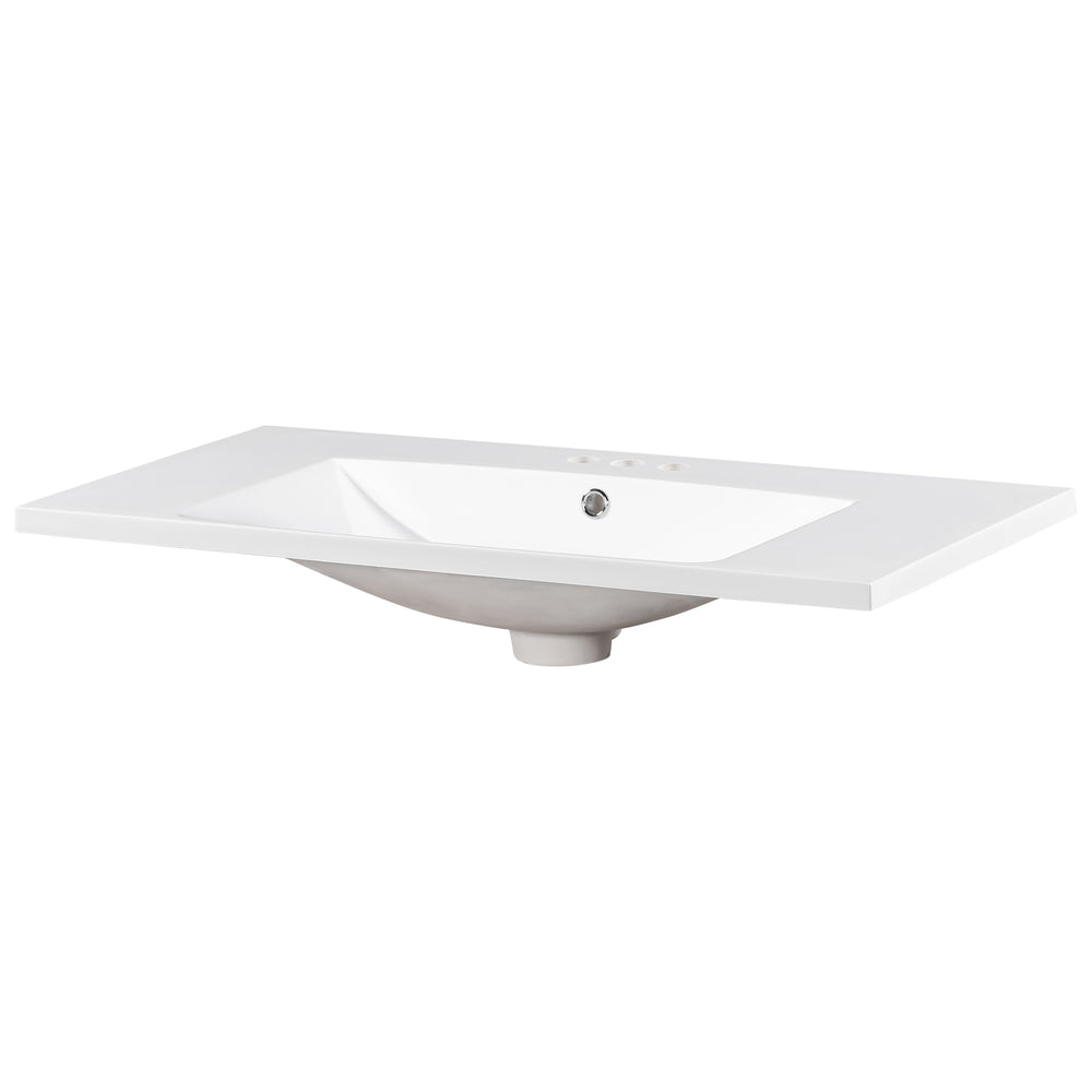 English Elm [Sink 36x18" Rectangular 3-Hole Resin Bathroom Sink, 4" Center Set, Durable White Vanity Top, Fits Standard Drain WF316073AAK