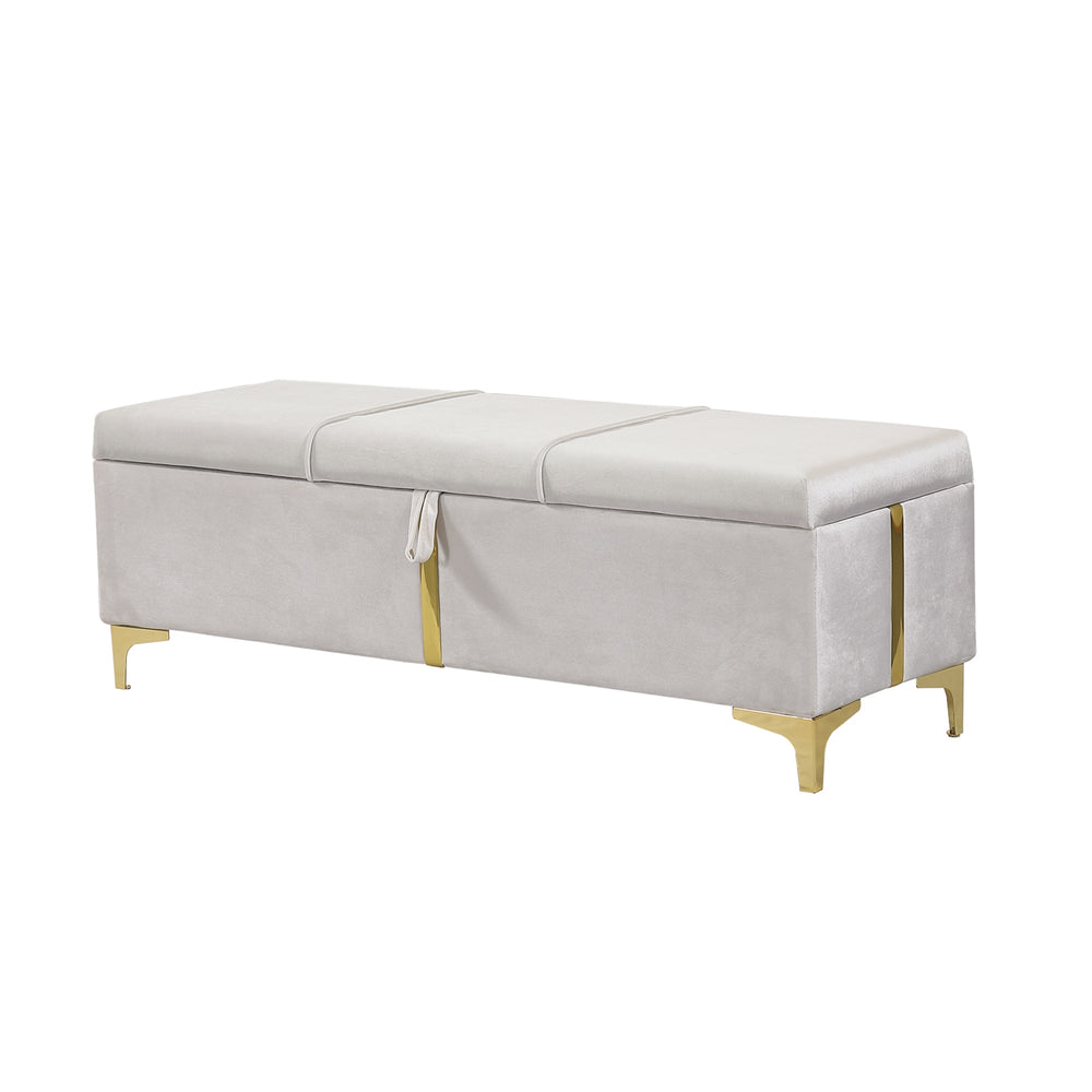 English Elm 2-Pieces Queen Upholstered Platform Bed with Hydraulic Lift and Spacious Storage Ottoman, Elegant Gold Trim Beige 50 L x 16 W x 13 H N733S207778A