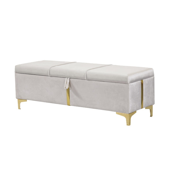 English Elm 2-Pieces Queen Upholstered Platform Bed with Hydraulic Lift and Spacious Storage Ottoman, Elegant Gold Trim Beige 50 L x 16 W x 13 H N733S207778A