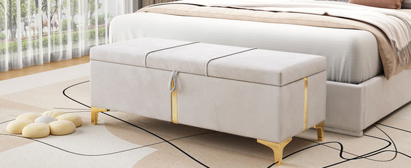 English Elm Elegant Upholstered Storage Ottoman Bench with Metal Legs - Plush Velvet Seat, Hidden Compartment, Modern Entryway Appeal Beige 50 L x 16 W x 13 H N733P207788A