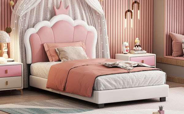English Elm Twin Platform Bed Upholstered Crown Headboard Storybook Style for Girls Bedroom Cream N733P180807K