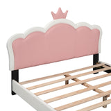 English Elm Full Size Upholstered Princess Bed With Crown Headboard,Full Size Platform Bed With Headboard and Footboard, White+Pink