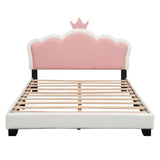 English Elm Full Size Upholstered Princess Bed With Crown Headboard,Full Size Platform Bed With Headboard and Footboard, White+Pink