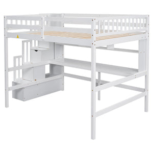 English Elm Full Size Loft Bed With Integrated Desk, Bookshelves & Storage Staircase - Space-Saving Design! W504S00110