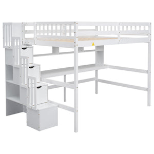 English Elm Full Size Loft Bed With Integrated Desk, Bookshelves & Storage Staircase - Space-Saving Design! W504S00110