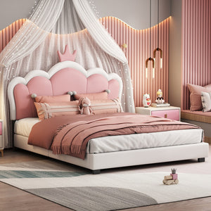 English Elm Full Size Upholstered Princess Bed With Crown Headboard,Full Size Platform Bed With Headboard and Footboard, White+Pink